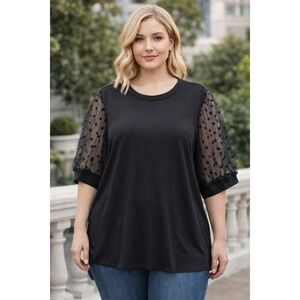 Alison Andrews Womens Large Black Shirt Top Polka Dot Mesh Sleeve Bewitched Goth